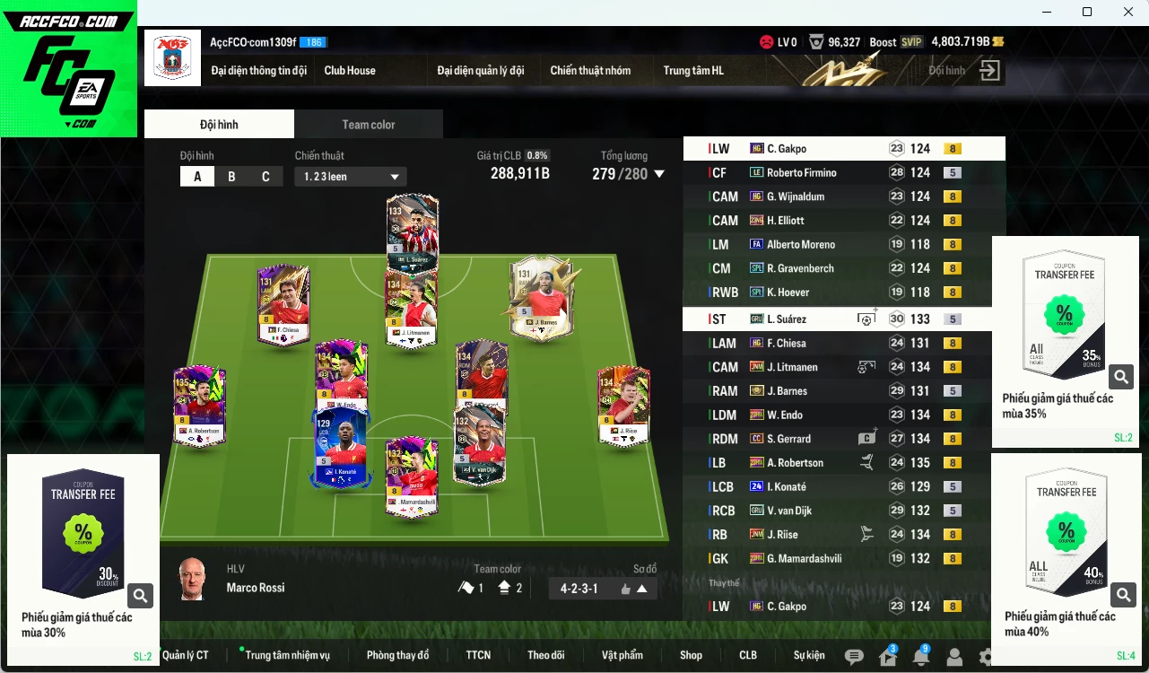 Liverpool 288.910b có Gerrard CC, Barnes ITM+5, Suárez GRU, Endo 23HW, Robertson 23HW, Riise JNM, Litmane JNM, Van Dijk GRU, Chiesa HG... Còn nhiều CP GIẢM THUẾ